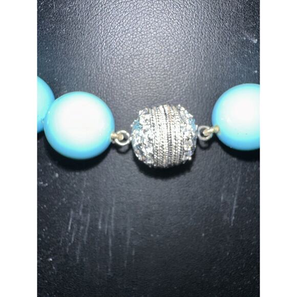 Set Turquoise Colored Lucite Bead Necklace Earrings Rhinestone Bead Closure - Picture 3 of 9